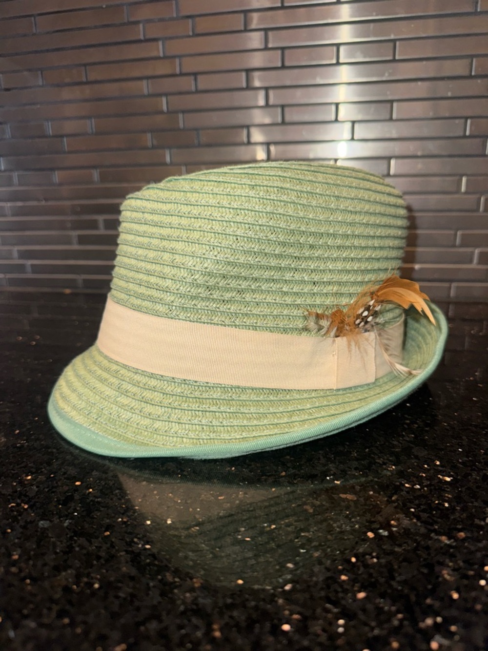 H&M Mint Straw Cloche Hat with Cream Band and Feather Trim